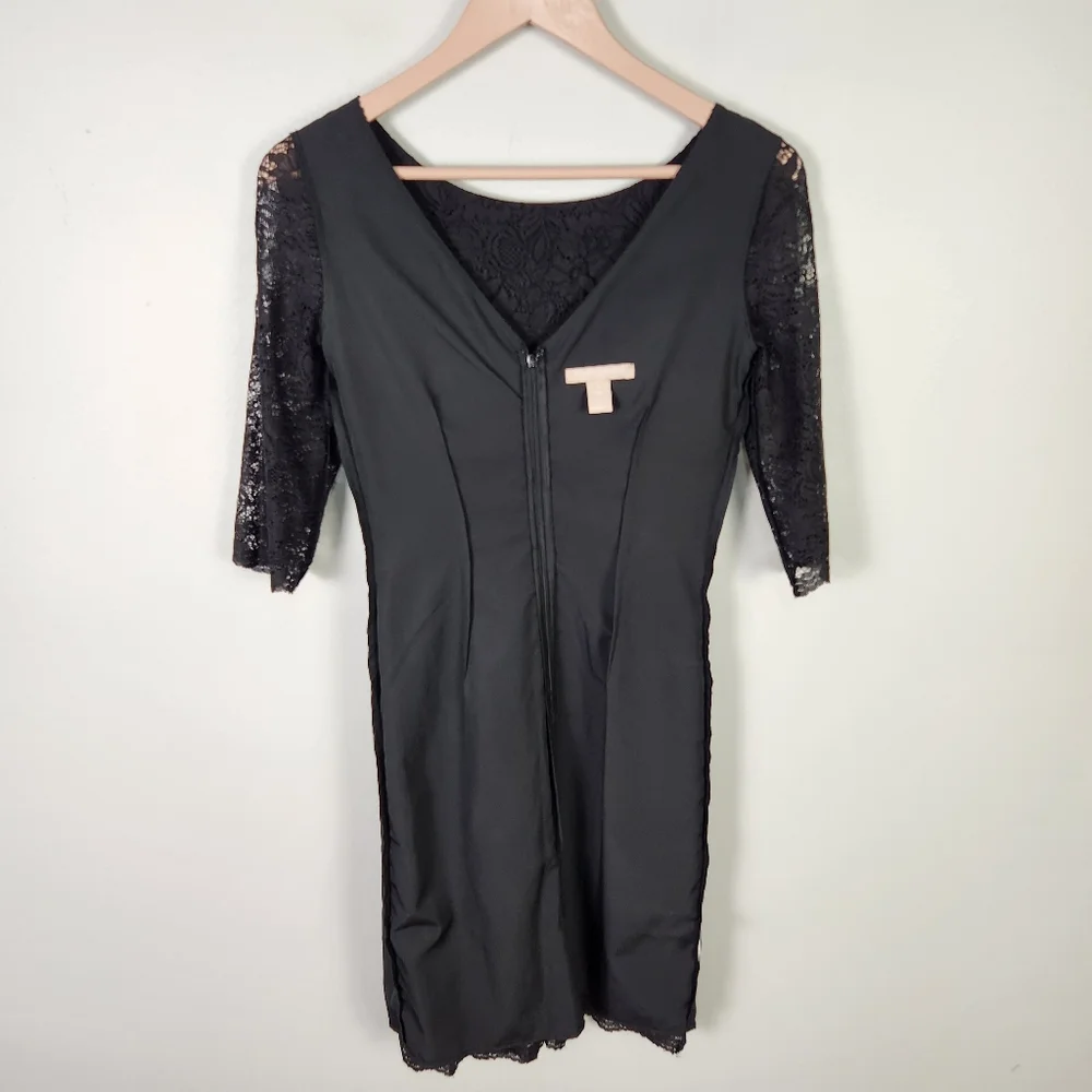 NWOT Banana Republic Black Lace Sheath Dress 3/4 Sleeve Scallop Hem Size 0 #0603